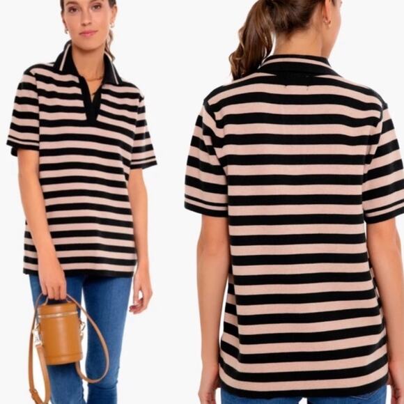 Tuckernuck Stripe Knit Polo Short Sleeve Top Tan Black Collar Sweater Sz S - Picture 1 of 6